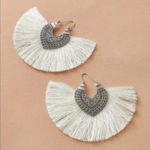 AVAILABLE Tassel Fan Hoop Earrings Silver Boho